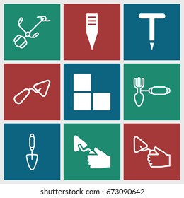 Trowel icons set. set of 9 trowel filled and outline icons such as brick wall, trowel