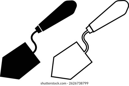 Trowel icons set in black flat and outline designs. Putty knife illustration sign. Spatula symbols or logo. Construction equipment, brick tool and cement silhouette isolated on transparent background.