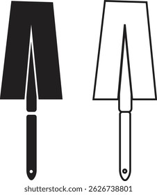 Trowel icons set in black flat and outline designs. Putty knife illustration sign. Spatula symbols or logo. Construction equipment, brick tool and cement silhouette isolated on transparent background.