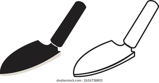 Trowel icons set in black flat and outline designs. Putty knife illustration sign. Spatula symbols or logo. Construction equipment, brick tool and cement silhouette isolated on transparent background.