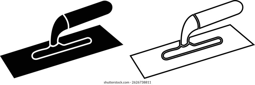 Trowel icons set in black flat and outline designs. Putty knife illustration sign. Spatula symbols or logo. Construction equipment, brick tool and cement silhouette isolated on transparent background.