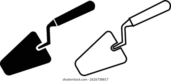 Trowel icons set in black flat and outline designs. Putty knife illustration sign. Spatula symbols or logo. Construction equipment, brick tool and cement silhouette isolated on transparent background.
