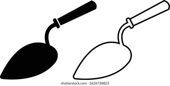 Trowel icons set in black flat and outline designs. Putty knife illustration sign. Spatula symbols or logo. Construction equipment, brick tool and cement silhouette isolated on transparent background.