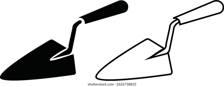 Trowel icons set in black flat and outline designs. Putty knife illustration sign. Spatula symbols or logo. Construction equipment, brick tool and cement silhouette isolated on transparent background.