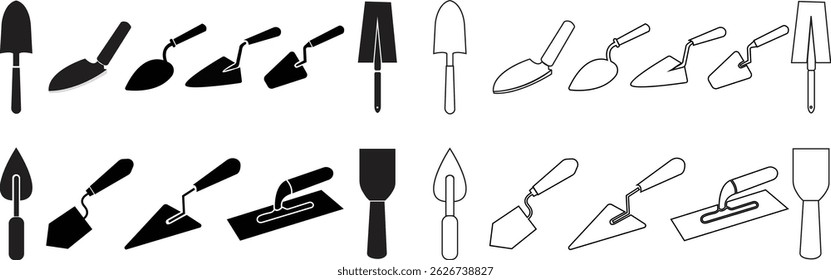 Trowel icons set in black flat and outline designs. Putty knife illustration sign. Spatula symbols or logo. Construction equipment, brick tool and cement silhouette isolated on transparent background.