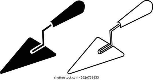Trowel icons set in black flat and outline designs. Putty knife illustration sign. Spatula symbols or logo. Construction equipment, brick tool and cement silhouette isolated on transparent background.