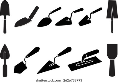 Trowel icons set in trendy black flat designs. Putty knife illustration signs. Spatula symbols or logos. Construction equipment, brick tool and cement silhouette isolated on transparent background.
