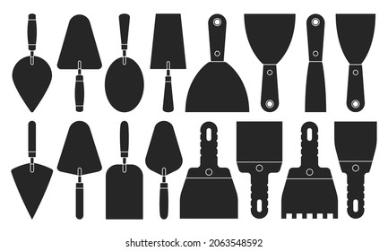 Icono de conjunto negro aislado por Trowel. Espátula de ilustración vectorial sobre fondo blanco. Icono de conjunto negro vectorial.