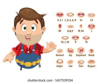 Trowel man, worker, repairer with stubble shows to set of mouth, teeth positions. Lip sync emotions collection. Can be used for animation. Cartoon vector illustration isolated on white background.