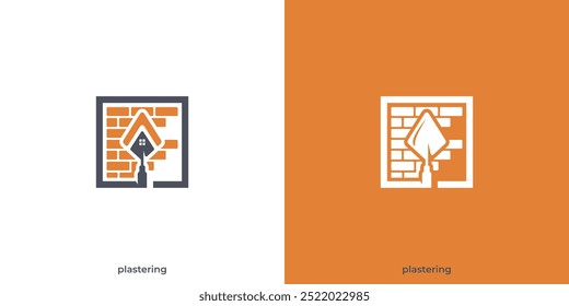 Trowel Plastering Logo. Cement Scoop and House, Roof Graphic. Brickwork for a Construction or Repair Logo, Icon, Symbol, Vector, Design Template.