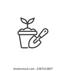 Trowel and pot with plant line icon. linear style sign for mobile concept and web design. Potted plant outline vector icon. Gardening symbol, logo illustration. Vector graphics