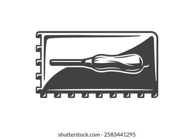 Trowel rectangular notched for laying floor tiles isolated on white background. Construction trowel icon. Spatula for cementitious adhesive. Vector illustration. 