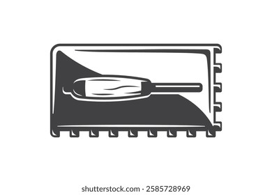 Trowel rectangular notched for laying floor tiles isolated on white background. Construction trowel icon. Spatula for cementitious adhesive. Vector illustration. 