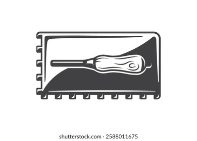 Trowel rectangular notched for laying floor tiles isolated on white background. Construction trowel icon. Spatula for cementitious adhesive. Vector illustration. 