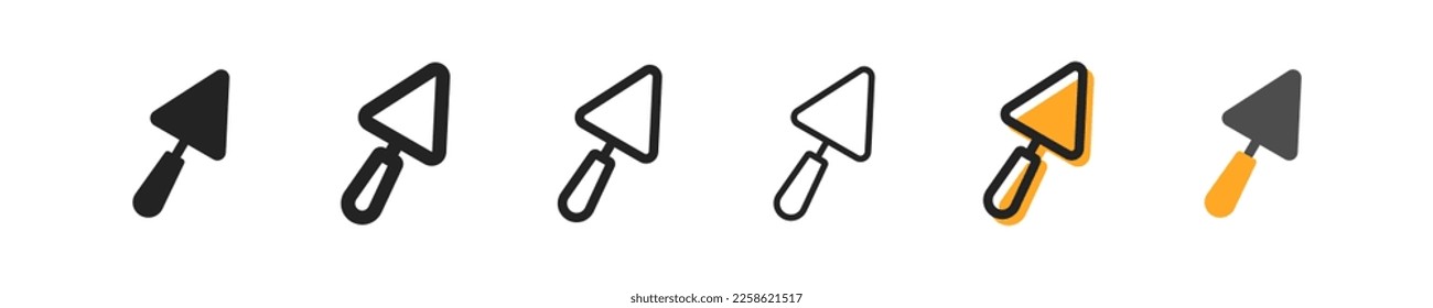 trowel set of six icons in different styles. Repair, construction, cement, masonry, walls, foundation, work, builder, repair, wall leveling, trowel, cement. Tools concept. Set of vector icons isolated