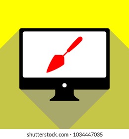 Trowel sign illustration. Vector. Red icon on white monitor of black all-in-one desktop computer with two shadows at yellow background.