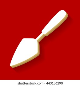 Trowel sign illustration. White button icon with wood color and shadow on dark red background.