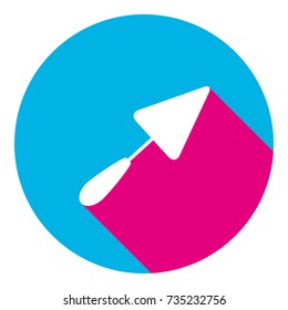 Trowel sign. Vector. Flat white icon with mexican pink shadow inside sky blue(S and G) circle at white background. Isolated. Trend colors in 2017.