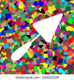 Trowel sign. Vector. White icon on colorful background with seamless pattern from squares.