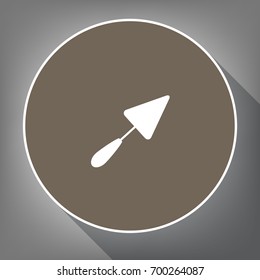 Trowel sign. Vector. White icon on brown circle with white contour and long shadow at gray background. Like top view on postament.
