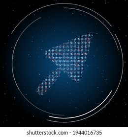 El símbolo de la pala rellena de puntos blancos. Estilo de puntillismo. Algunos puntos son rojos. Ilustración vectorial sobre fondo azul con estrellas