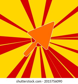 Trowel symbol on a background of red flash explosion radial lines. The large orange symbol is located in the center of the sun, symbolizing the sunrise. Vector illustration on yellow background