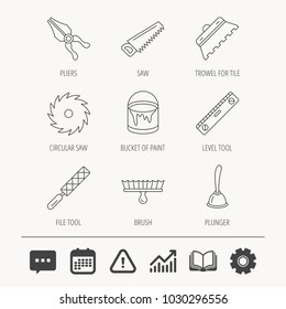 Trowel for tile, saw and brush tool icons. Level and file tool, bucket of paint linear signs. Plunger, pliers icons. Education book, Graph chart and Chat signs. Vector