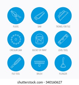Trowel for tile, saw and brush tool icons. Level and file tool, bucket of paint linear signs. Plunger, pliers icons. Blue circle buttons set. Linear icons.