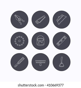 Trowel for tile, saw and brush tool icons. Level and file tool, bucket of paint linear signs. Plunger, pliers icons. Flat icons in circle buttons on white background. Vector
