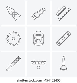 Trowel for tile, saw and brush tool icons. Level and file tool, bucket of paint linear signs. Plunger, pliers icons. Linear icons on white background. Vector