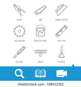 Trowel for tile, saw and brush tool icons. Level and file tool, bucket of paint linear signs. Plunger, pliers icons. Video cam, book and magnifier search icons. Vector