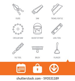 Trowel for tile, saw and brush tool icons. Level and file tool, bucket of paint linear signs. Plunger, pliers icons. Download arrow, locker and calendar web icons. Vector