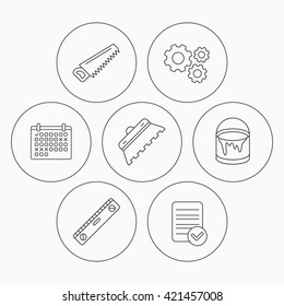 Trowel for tile, saw and level measure icons. Bucket of paint linear sign. Check file, calendar and cogwheel icons. Vector