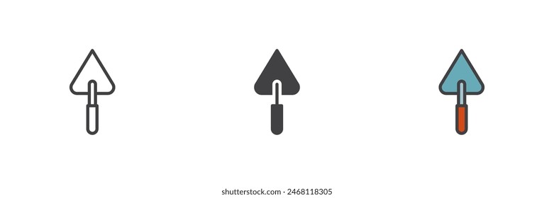 Juego de iconos de estilo diferente de la herramienta Trowel. Línea, glifo y contorno relleno versión colorida, contorno y Vector relleno signo. Símbolo de cuchillo de masilla, ilustración de logotipo. Vector gráfico
