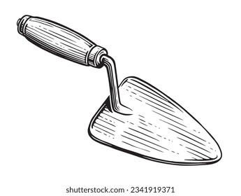 Trowel with wooden handle. Construction tool for mortar and masonry work. Sketch vector illustration