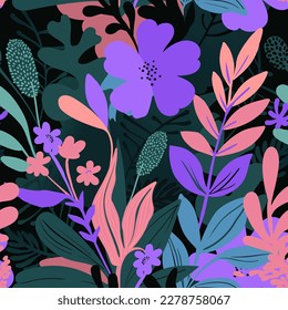 Trpic flowers in neon color on a black background. Seamless pattern. 