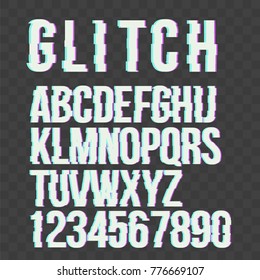TrTrendy style distorted glitch  typeface alphabet. Letters and numbers:  A to Z and numbers from 0 to 9. Green and red channels on transparent background. Vector illustration.