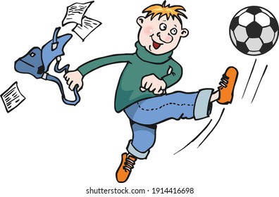 A truant boy kicks a soccer ball. The slacker scattered sheets of paper from the portfolio. Hand-drawn bummer, isolated on white background. Flat infographics. Vector illustration in cartoon style.