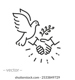 truce icon, peace dove and handshake, reconciliation thin line symbol on white background - editable stroke vector illustration