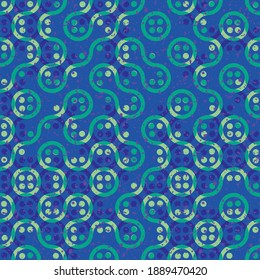 Truchet generative art random circles and wavy lines vector seamless pattern background. Backdrop of navy blue colored wavy, circular shapes and dots with grunge overlay blend. Modern all over print