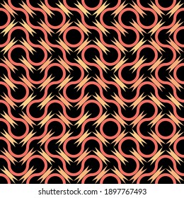 Truchet generative art random loops and circles vector seamless pattern background. Swirling red and yellow circular eyelets on black backdrop. Contemporary all over print for modern concept packaging