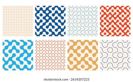 Truchet thin line and filled round shapes seamless pattern collection. Contemporary style geometric mosaic patterns with rounded lines. Modern tilt mosaic background set.