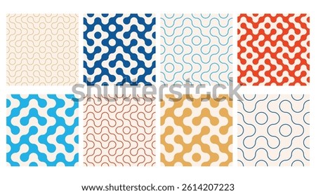 Truchet thin line and filled round shapes seamless pattern collection. Contemporary style geometric mosaic patterns with rounded lines. Modern tilt mosaic background set.