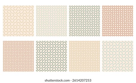 Truchet thin line round shapes seamless pattern collection. Modern style outline geometric mosaic patterns with rounded lines. Contemporary tilt infinity mosaic background set.