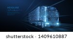 Truck. Abstract vector 3d heavy lorry van. Highway road. Isolated on blue. Transportation vehicle, delivery transport, digital cargo logistic concept. Freight shipping international industry.