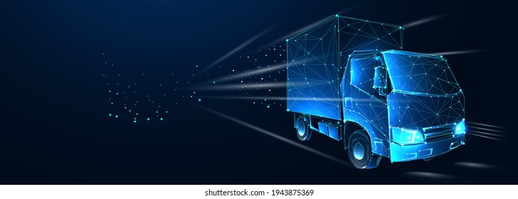 Truck. Abstract vector 3d heavy lorry van. Highway road. Isolated on  dark blue background. Transportation, logistics or international shipping concept. Digital polygonal low poly 3d mesh illustration