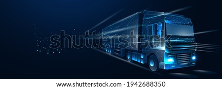 Truck. Abstract vector 3d heavy lorry van. Highway road. Isolated on  dark blue background. Transportation, logistics or international shipping concept. Digital polygonal low poly 3d mesh illustration