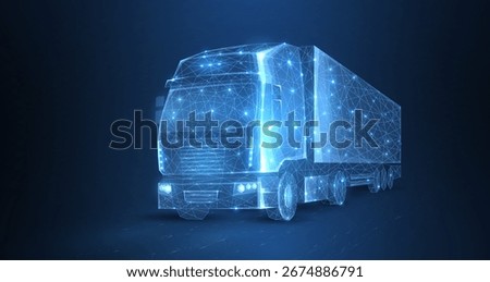 Truck. Abstract vector 3d heavy lorry van. Highway road. Isolated on blue. Transportation vehicle, delivery transport, cargo logistic concept. Freight shipping, international delivering industry.