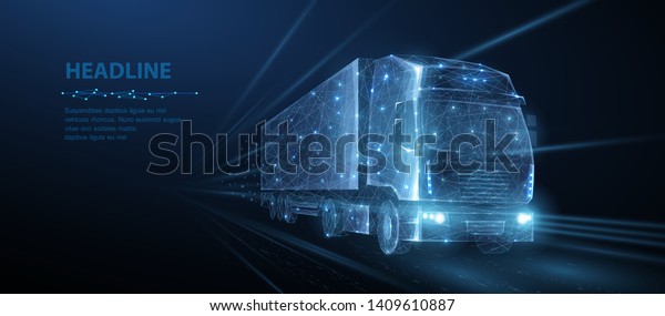 Truck.\
Abstract vector 3d heavy lorry van. Highway road. Isolated on blue.\
Transportation vehicle, delivery transport, digital cargo logistic\
concept. Freight shipping international\
industry.