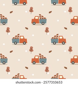 Truck acorn cartoon so cute. On leaf tree snow background. Pattern seamless vector illustration. 